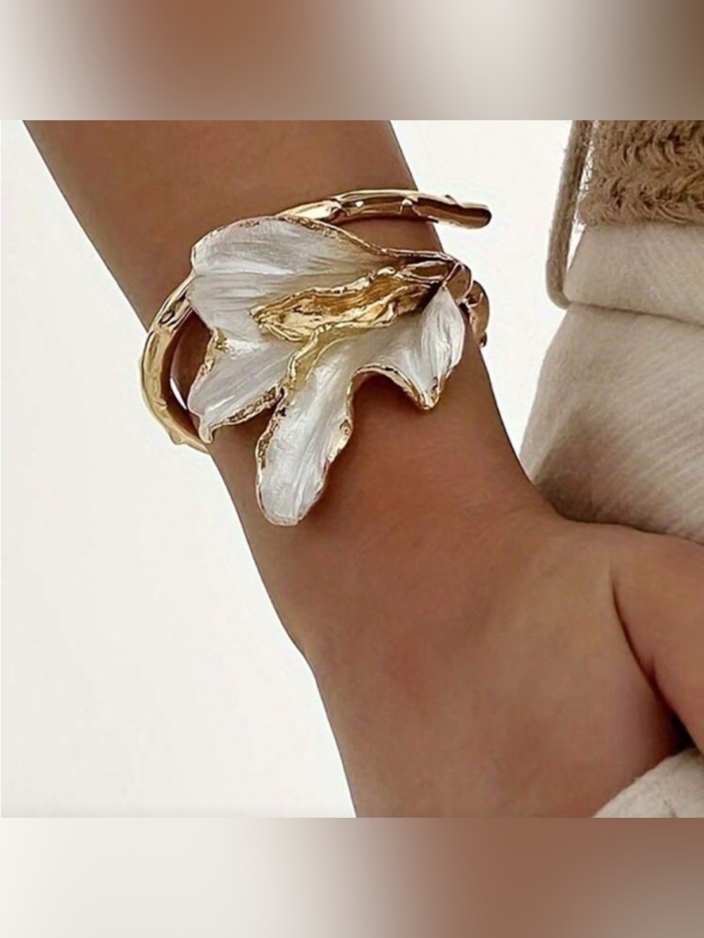 Gold Sculpted Floral Cuff Bracelet • Pearl Petal Statement • Chic Minimal Luxury - Picture 3 of 4